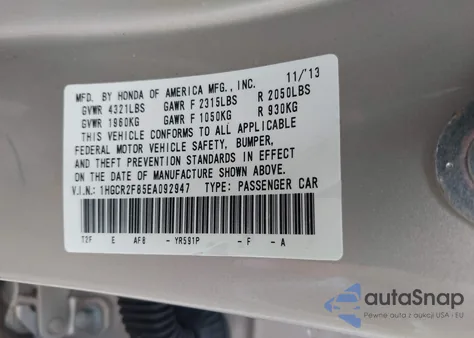 2014 Honda Accord Ex-L from USA, damaged, VIN 1HGCR2F85EA092947